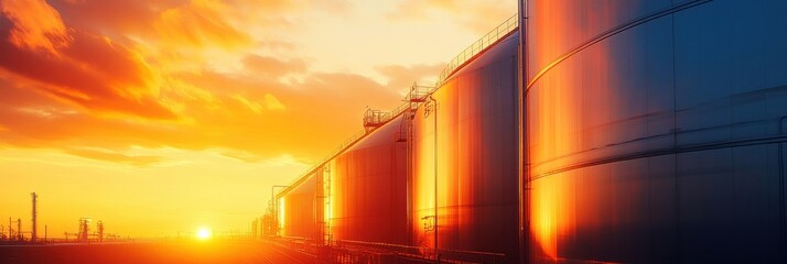 Poster - Massive industrial gas storage tanks silhouetted against a warm orange sky during sunset. Generative AI