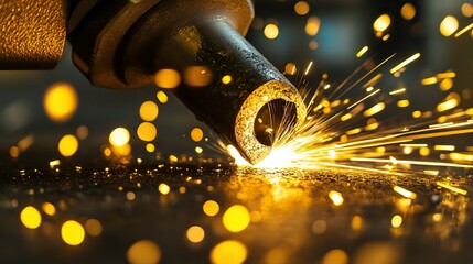 Wall Mural - Close-up of a steel grinding tool, sparks flying, directional lighting