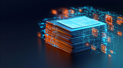 Digital Data Stack Glowing With Blue And Orange Pixelated Lights Against Dark Background