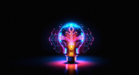Aufkleber - A luminous neon light bulb with a circuit board pattern emits a vibrant glow against a stark black background, symbolizing innovation and technological advancement.