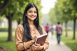 © Екатерина Абатурова - freedom of choice for women in low-income countries to receive education and work.A young Indian woman with books in her hands stands on the street in a park against the background of a student campus