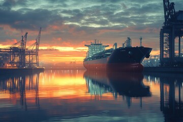 Poster - Massive LNG transport ship docked at industrial port during sunset with cranes and reflective water. Generative AI