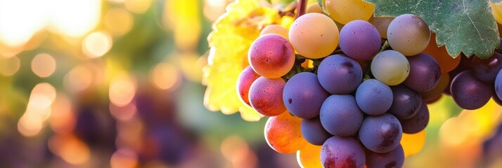 Aufkleber - Grapes hanging in vineyard during golden hour under warm sunlight. Generative AI
