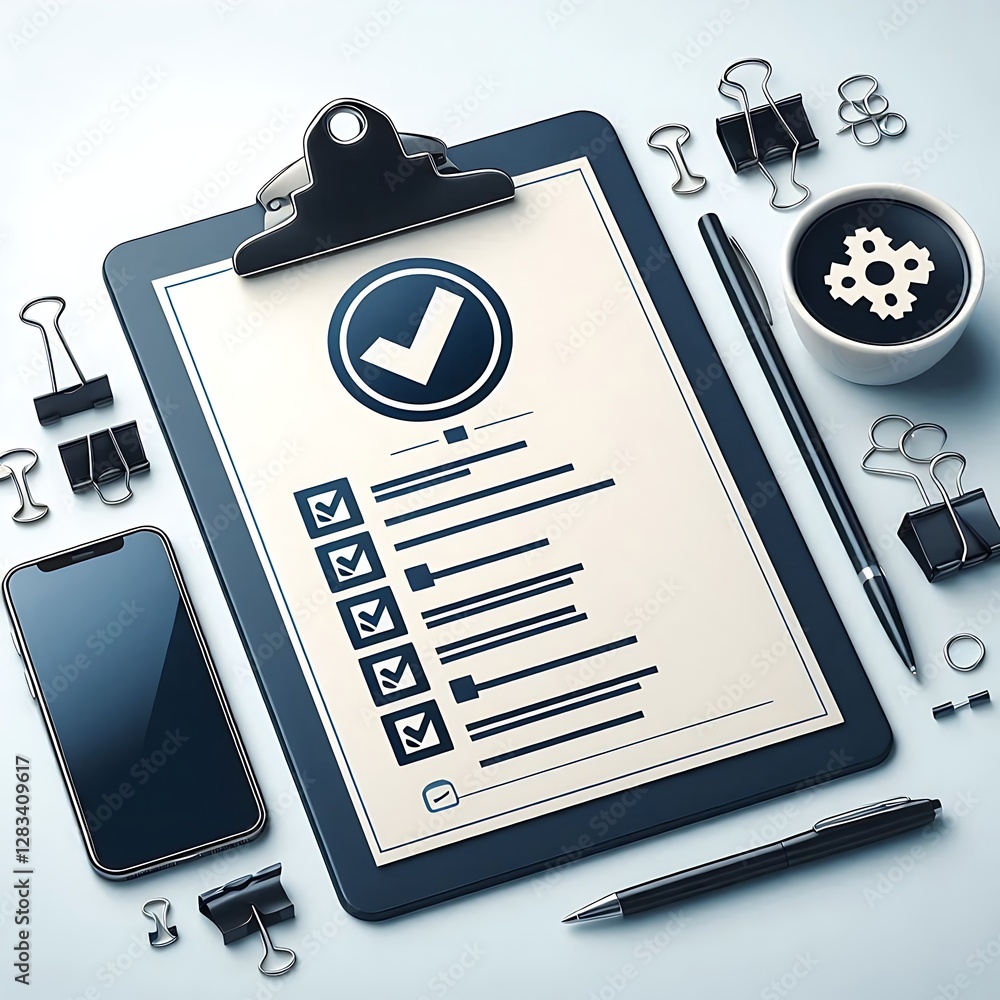 3D rendering of a clipboard with a completed checklist, indicated by ...