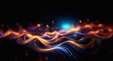 Poster - Abstract flowing light trails in vibrant orange and blue hues against a dark backdrop, creating a dynamic and energetic atmosphere with smooth, curving shapes.