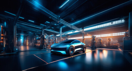Poster - Sleek, futuristic car parked in a high-tech industrial facility. Blue neon lights illuminate the vehicle and the modern factory environment.