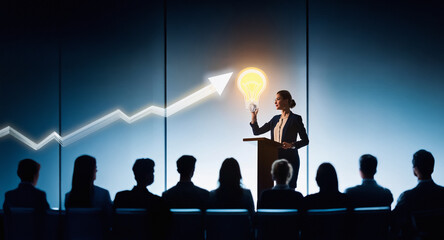 Poster - Business idea presentation. Lightbulb arrow: innovation, growth. People.
