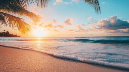 Fototapete - Sunrise over tranquil beach with gentle waves and palm trees on a clear morning. Generative AI