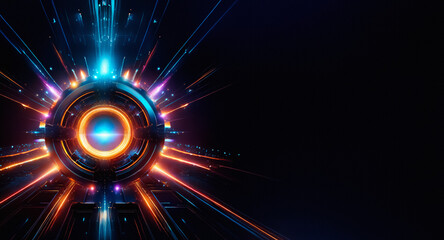 Aufkleber - A glowing sphere with radiating lines bursts with energy on a dark backdrop.  Vibrant blue, orange, and purple hues create a futuristic, technological, and dynamic feel.