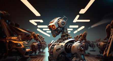 Poster - A futuristic robot stands prominently in a dimly lit workshop, surrounded by mechanical parts and other robotic constructs, hinting at a scene of advanced technology and automation.
