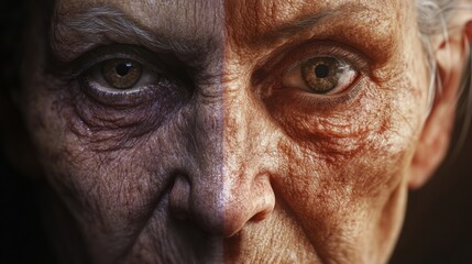 Poster - Transformation of an aged face into youthful skin illustrates the impact of time and beauty treatments. Generative AI