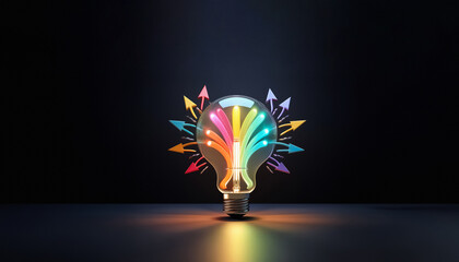 Poster - A glowing light bulb emits colorful arrows outward, symbolizing ideas and innovation. Against a dark backdrop, it represents creativity and solutions.