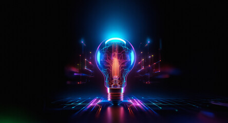 Poster - A vibrant light bulb emits neon pink, blue, and orange glows against a stark dark backdrop. The bulb sits on a reflective surface, enhancing the bright illumination.