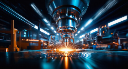 Poster - A powerful laser cutting machine intensely focuses its beam, precisely slicing through metal in a factory setting, generating bright sparks and showcasing advanced industrial automation.