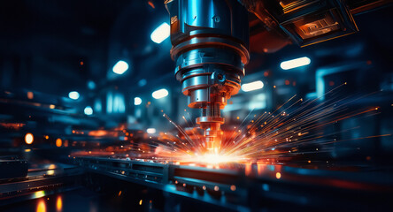 Poster - A robotic arm welds metal in a factory, creating bright sparks.  Industrial process in a dark environment with glowing light.