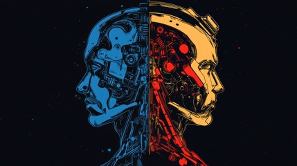 Fototapete - Human head outline merging with AI powered machine, showcasing cybernetic textures and a sci fi color scheme. Generative AI