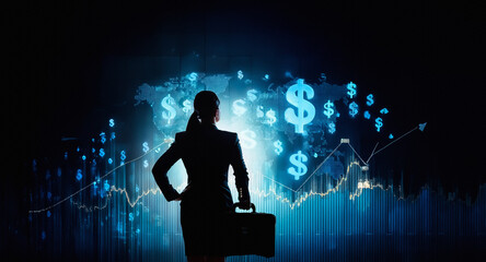 Aufkleber - Silhouette of woman in suit with briefcase faces digital backdrop of world map, graphs and dollar signs, representing business and finance.