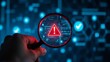 © Amith - System engineer identifying problem in computer network system. Red triangle with exclamation mark and many other checkmark icons. Hand holding magnifying glass.