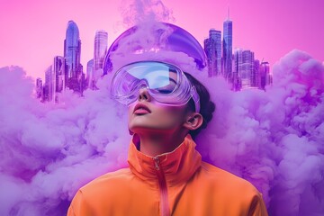 Wall Mural - Woman in a neon orange jacket is looking up at a city skyline. The sky is filled with smoke, giving the image a surreal and dreamlike quality