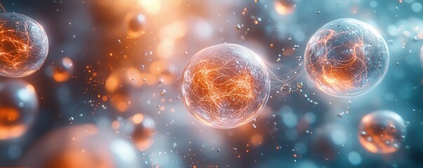 Wall Mural - close-up view of cells in an organic environment with bright glowing details