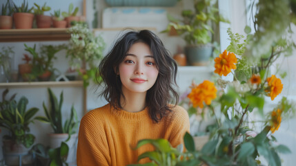 woman in cozy orange sweater smiles warmly while surrounded by lush green plants and vibrant orange flowers in bright, inviting indoor garden