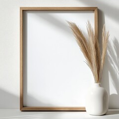 Poster - Blank White Canvas in Wooden Frame with Dried Golden Wheat and Textured Wall