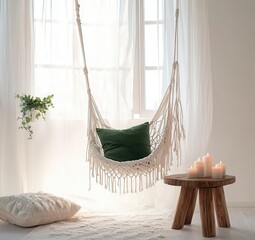 Wall Mural - Bohemian Style Living Room Interior with Macrame Chair Green Cushion and White Textured Pillows