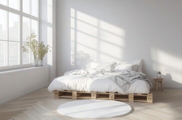 Canvas Print - Bright Minimalist Bedroom with Pallet Bed and Sunlight