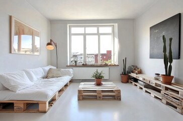 Canvas Print - Bright White Living Room with Recycled Pallet Furniture Potted Plants and Natural Light