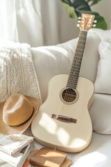 Canvas Print - Cream Acoustic Guitar on White Couch in Sunlit Room