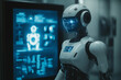 © Emily88 - A humanoid robot standing in a dark, high-tech lab, interacting with a holographic display filled with data and diagrams. AI capabilities.
