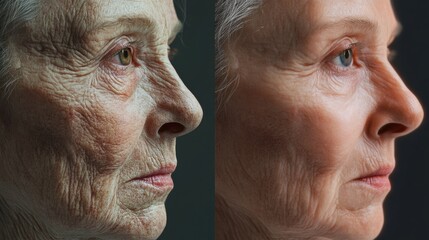 Poster - Transformation of an aged face to youthful skin showing the effects of time on beauty and appearance. Generative AI