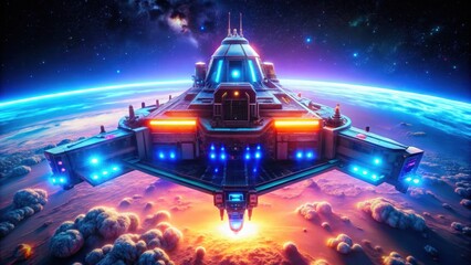 Wall Mural - spacecraft with glowing neon lights , technological marvel