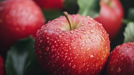 Poster - Freshly washed red apples glistening with droplets in a natural setting. Generative AI