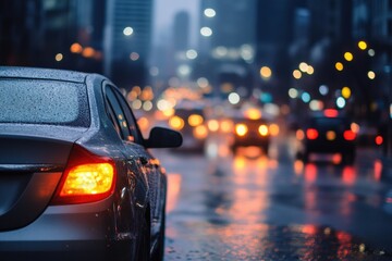 Poster - Rain soaked city street at night with cars illuminated by city lights and reflections on wet pavement. Generative AI