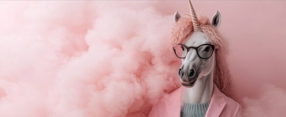 Wall Mural - Unicorn with glasses and a pink coat is standing in a cloud of pink smoke. The image has a whimsical and playful mood, with the unicorn's outfit and the pink smoke creating a sense of fun