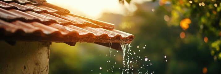 Poster - Water droplets falling from a roof during sunset while nature glows in the background. Generative AI