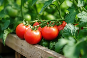 Poster - Bright red tomatoes ripening on the vine in a lush garden during sunny summer days. Generative AI
