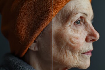 Aufkleber - Comparison of aged and youthful skin showcasing transformation through skincare techniques and lifestyle choices. Generative AI