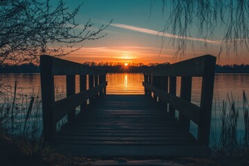 Poster - Golden sunset casts reflections on tranquil lake as wooden pier stretches into water. Generative AI