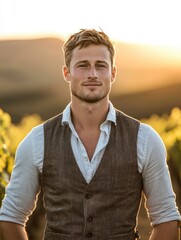 Wall Mural - A professional photo of a strong, charismatic man with short sun-bleached hair, standing near a vineyard