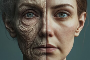 Poster - Transformation of an aged face into youthful appearance showcasing skincare effects. Generative AI