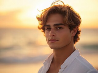 Wall Mural - A professional photo of a sun-kissed young man with wavy hair, standing on a beachside promenade