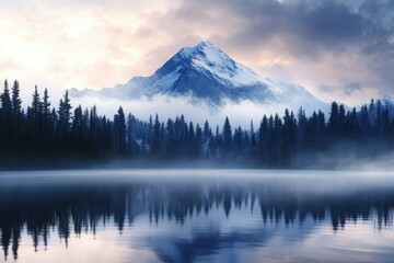 Wall Mural - Majestic mountain reflects in calm lake surrounded by misty forest at dawn