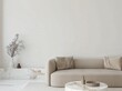 © kuuro - Minimalist living room with beige sofa. marble coffee table. and vase with dried branches