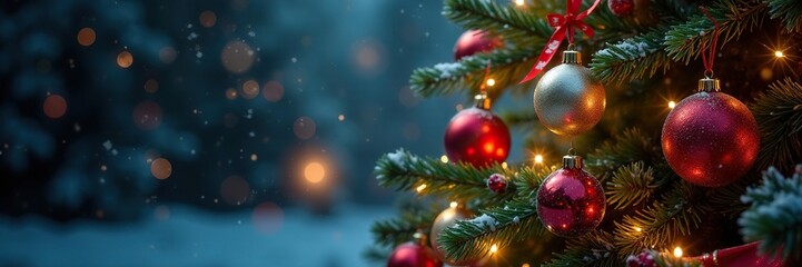 Festive Christmas tree with shiny ornaments and glittering lights, ribbons, snowy, sparkles