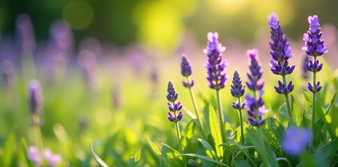 Wall Mural - Lavender and violet wildflowers in a lush meadow, flowers, sunlight, green grass