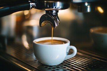 Leinwandbilder - Perfect espresso brewing with rich crema in a coffee shop setting during the morning rush hour. Generative AI