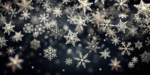 Wall Mural - delicate snowflakes gently falling on a dark black background, creating a serene and peaceful atmosp