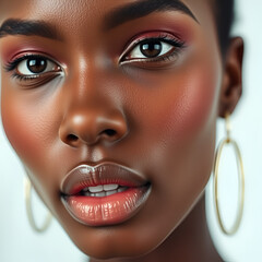 Beauty bright african american female model putting make-up on her lips close-up